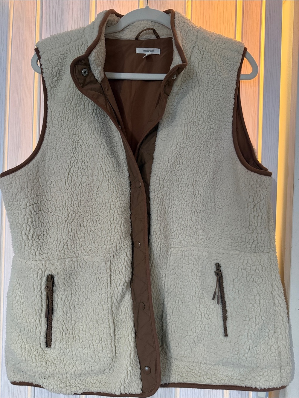 Maurices Cream Sherpa Vest with Brown Trim